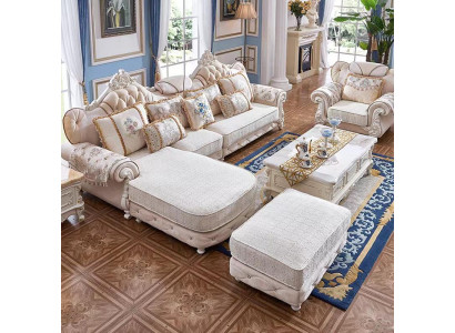 Hoekbank L-vorm Fauteuil Voetenbank Bank Hout met Textiel Barok Rococo