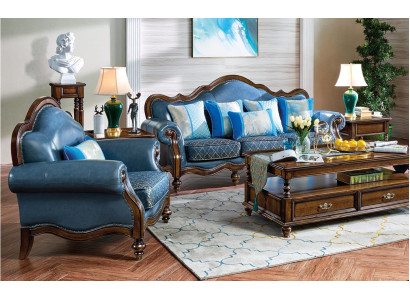 Blauwe barok rococo Chesterfield bankstelbank 3+1 zitplaatsenset