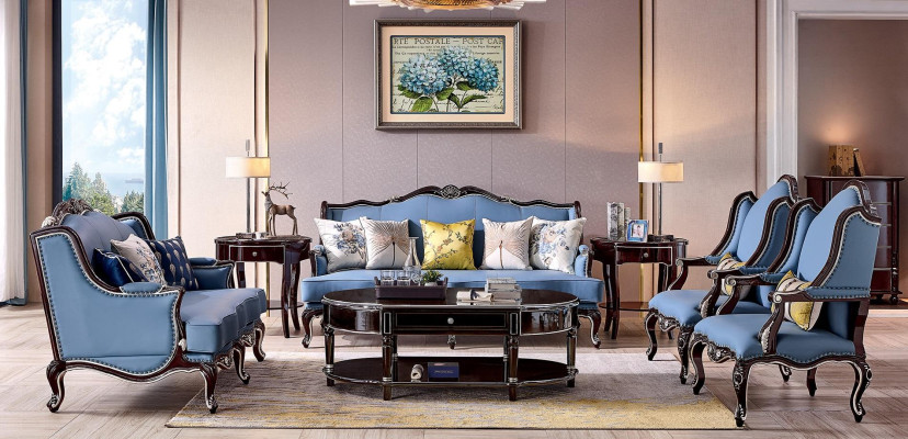 Luxe Klassieke Chesterfield gestoffeerde bankstel 3+2+1+1 zits Blauw Zwart.