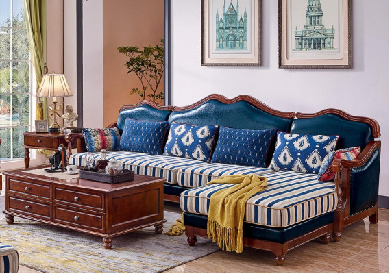 Blauw leren bank hoekbank gestoffeerde meubelen Klassieke Chesterfield meubelen