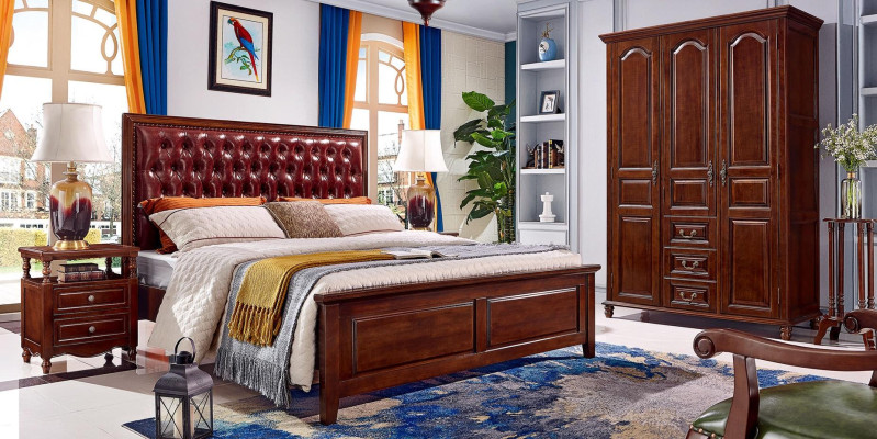 Ontwerp klassieke bedmeubels Bed 2 nachtkastjes 3-delige slaapkamerset
