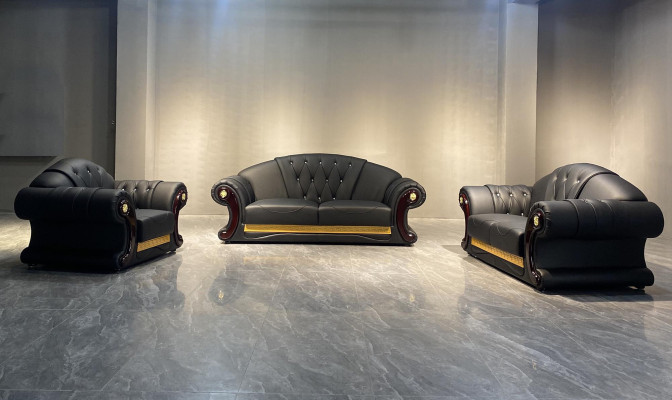 Chesterfield Bankstel Set 3+2+1 Leder Banken Bekleding Meubels Klassiek