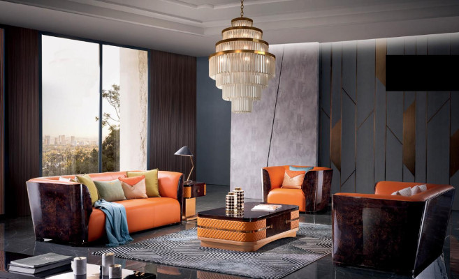 Oranje leren bankstel 3+2 zits set Designer bankstellen woonkamer set