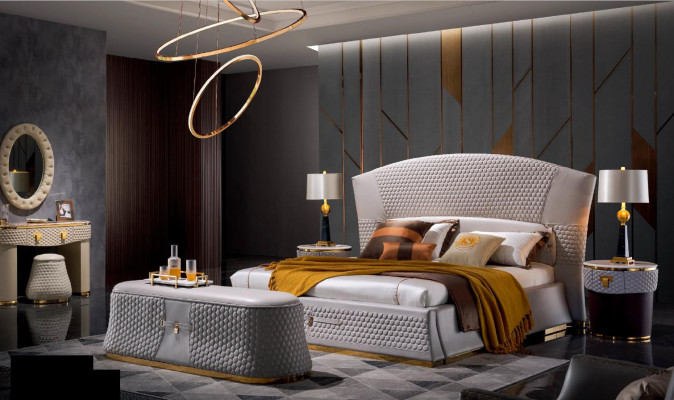 Bed + 2 nachtkastjes 3-delige slaapkamerset ontwerp Modern Luxe Klassiek