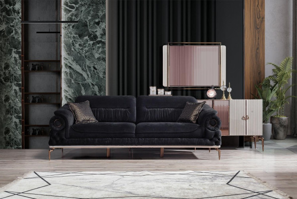 Stijlvolle 3-zits woonkamer Zwarte luxe bank Modern houten frame