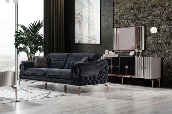 Stijlvolle 3-zits woonkamer Zwarte luxe bank Modern houten frame