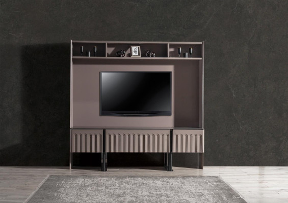 Bruine woonkamerwand tv-wand designer houten meubels woonkamer inrichting RTV