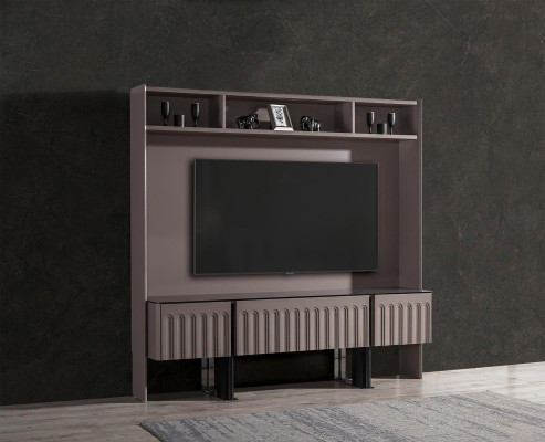 Bruine woonkamerwand tv-wand designer houten meubels woonkamer inrichting RTV