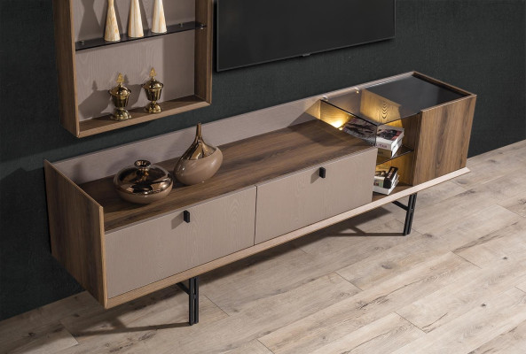 Beige modern RTV-laag tv-meubel wandkast stijlvol LED-tv bord 2-delig