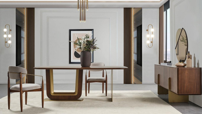 Eetkamerset Moderne eettafel 4 stoelen en dressoir met spiegel 7-delig.
