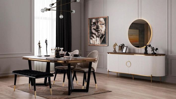 Eetkamerset bestaat uit eettafel 4x stoelen bank dressoir spiegel 8-delig.