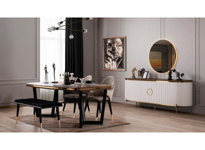 Eetkamerset bestaat uit eettafel 4x stoelen bank dressoir spiegel 8-delig.