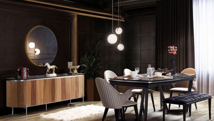 Elegante 8-delige eetkamerset Eettafel 4x stoelen Dressoir Spiegel Bank nieuw