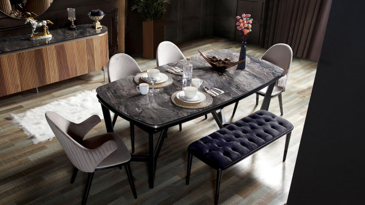 Elegante 8-delige eetkamerset Eettafel 4x stoelen Dressoir Spiegel Bank nieuw