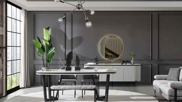 Modern eetkamer set bestaat uit eettafel, 4 stoelen en dressoir spiegel.