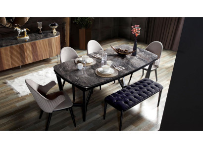 Stijlvolle eetkamerset bestaande uit eettafel, 4 stoelen en bank, 6-delig.