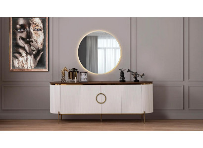 Eetkamer set bestaat uit dressoir en spiegel beige met goud elementen.
