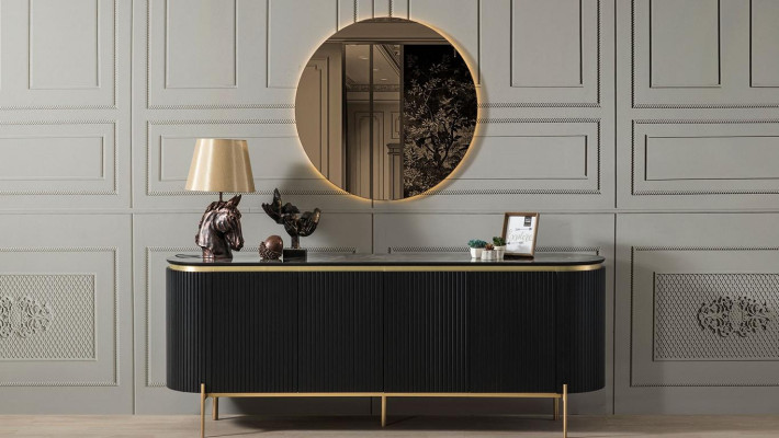 Eetkamerset Modern bestaat uit een zwart dressoir en spiegel, 2-delig.