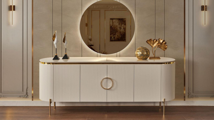 Bestaat uit eetkamerset Bestaat uit beige kleur dressoir en spiegel