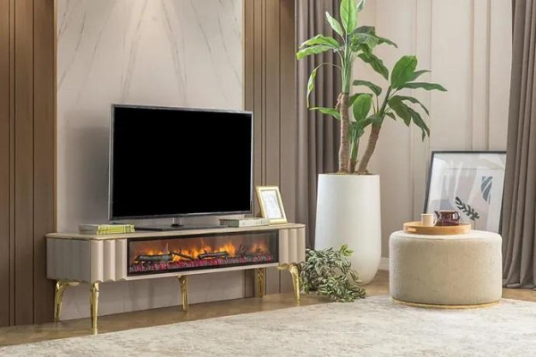 Sideboard RTV woonkamer luxe meubels open haard Beige MDF metaal Lowboard