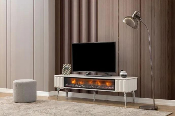 TV-meubel wit spaanplaat metaal luxe meubilair open haard woonkamer nieuw
