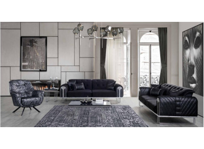 Zwarte woonkamersofaset 2x Driezitsdesigner gestoffeerde fauteuil