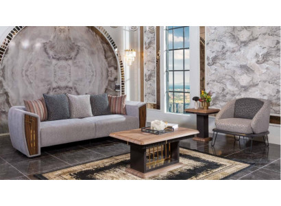 Grijze robuuste bankstel stoffering driezits textiel fauteuil bankstel