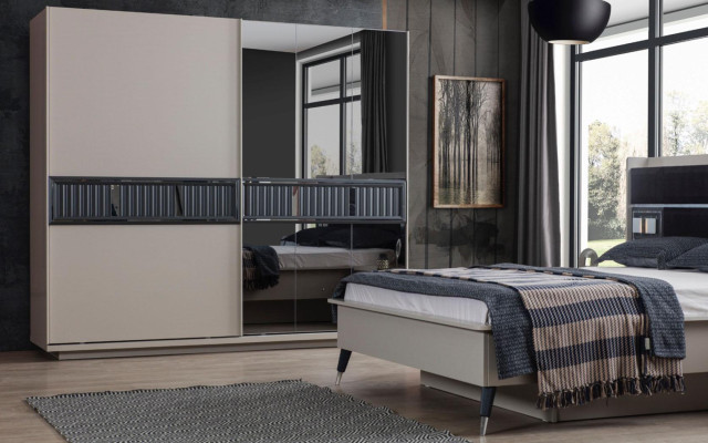 Grijze slaapkamermeubels Ontwerpbed 2 nachtkastjes Houten kast 4-delig