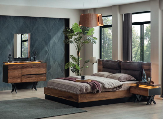 Moderne houten slaapkamermeubelset, designer tweepersoonsbed, nachtkastje 5-delig.