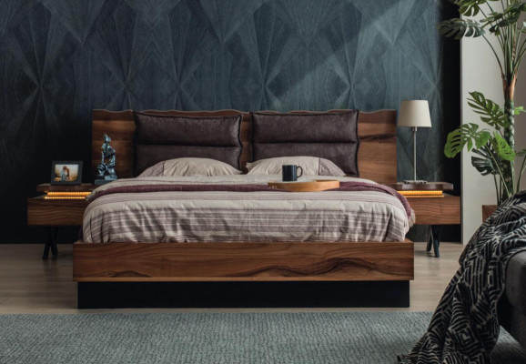 Moderne houten slaapkamermeubelset, designer tweepersoonsbed, nachtkastje 5-delig.