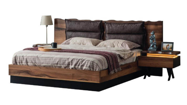Moderne houten slaapkamermeubelset, designer tweepersoonsbed, nachtkastje 5-delig.