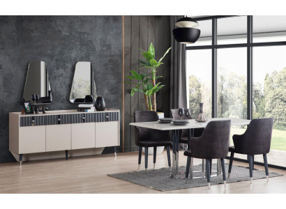 Moderne eethoek Rechthoekige eettafel 6 stoelen Dressoir 2 spiegels
