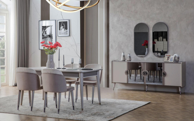 Grijze eetkamerset Eetkamerstoelen Uitschuifbare tafel Buffetkast