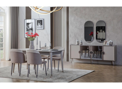 Grijze eetkamerset Eetkamerstoelen Uitschuifbare tafel Buffetkast
