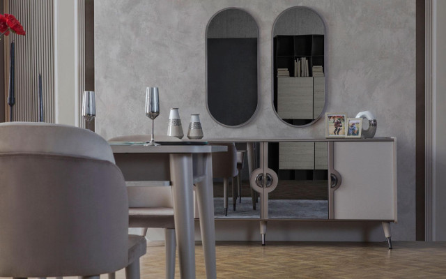 Grijze eetkamerset Eetkamerstoelen Uitschuifbare tafel Buffetkast