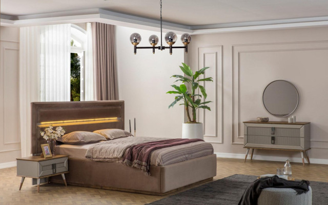 Beige slaapkamer luxe meubels ontwerper tweepersoonsbed 2x nachtkastjes 5-delig