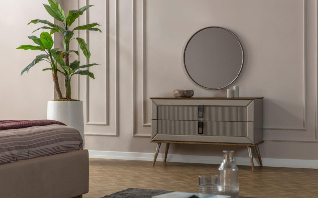 Beige slaapkamer luxe meubels ontwerper tweepersoonsbed 2x nachtkastjes 5-delig