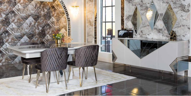 Luxe eetkamer set ontwerper eettafel x4 stoelen dressoir spiegel