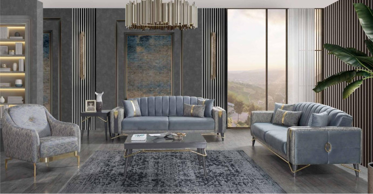 Luxe Grijze Chesterfield-beklede bankstel woonkamer 3-zits textiel fauteuil