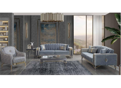 Luxe Grijze Chesterfield-beklede bankstel woonkamer 3-zits textiel fauteuil