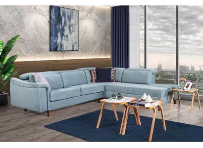 Blauwe hoekbank L-vorm woonkamer gestoffeerde banken designer houten frame