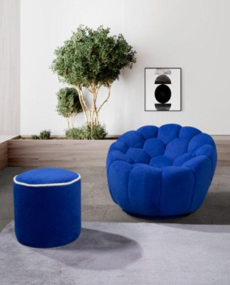 Blauwe fauteuil ontwerper woonkamerset 2-delig Exclusieve gestoffeerde poef