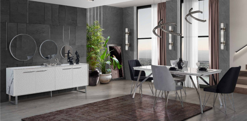 Grijswitte eetkamer meubels commode eettafel luxe gestoffeerde stoelen.