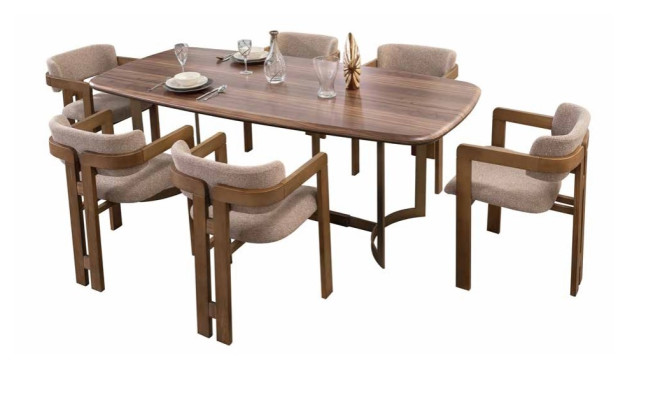 Bruine eetkamer set Designer gestoffeerde stoelen Eettafel Eettafelgroep