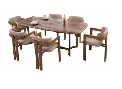 Bruine eetkamer set Designer gestoffeerde stoelen Eettafel Eettafelgroep