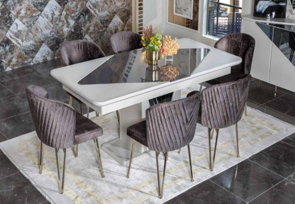 Ontwerper Witte Eettafel x6 Donkerpaarse Textiel Stoelen Eetkamer Set