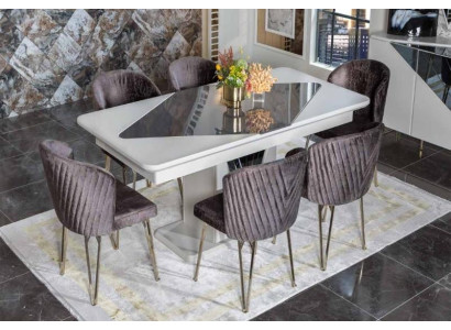 Ontwerper Witte Eettafel x6 Donkerpaarse Textiel Stoelen Eetkamer Set