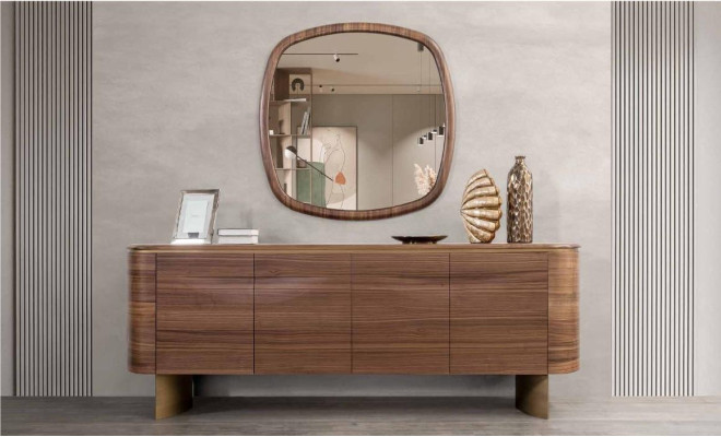 Moderne bruine ladekast 4-deurs dressoirdesigner dressoir spiegel.