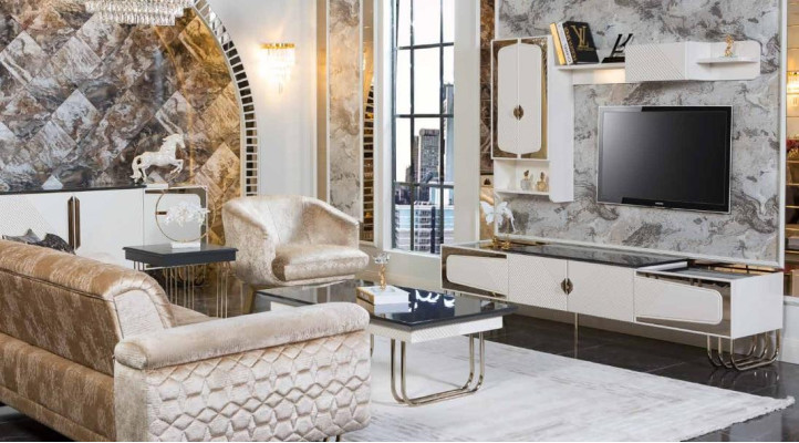 Exclusieve roestvrijstalen tv-kast designer wandplank luxe woonkamerset