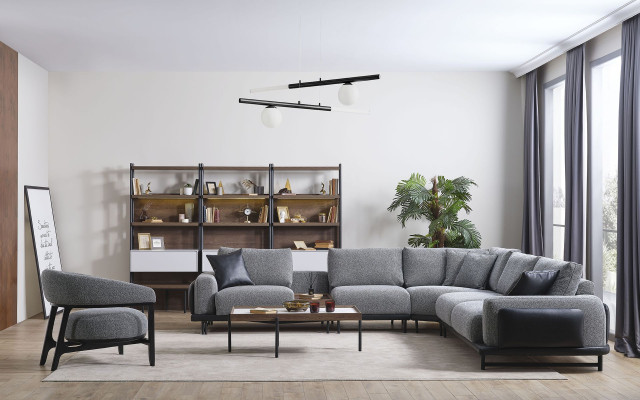 Grijze woonkamerset L-vorm bank design fauteuil salontafel